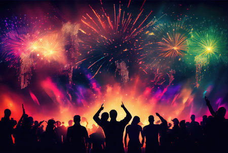Colorful fireworks for celebration events and festival with silhouette crowd people from back view. Generative AIの素材