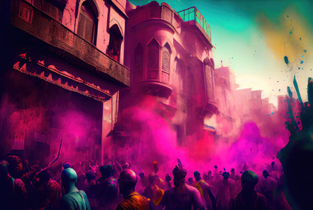 Holi festival the festival of colors with crowd people and colorful powder in the Indian town. Generative AIの素材