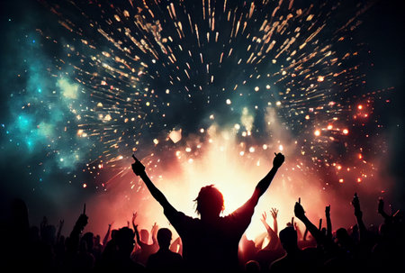 Silhouette crowd people raising hands in celebration event new year or concert with fireworks at night background. Generative AIの素材