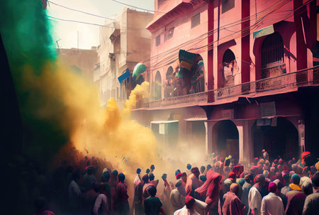 Holi festival the festival of colors with crowd people and colorful powder in the Indian town. Generative AIの素材