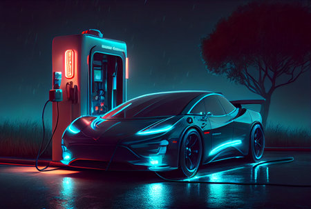 EV car with Electric charging station charger and blue glowing light stripe. Technology and transportation concept. Generative AIの素材