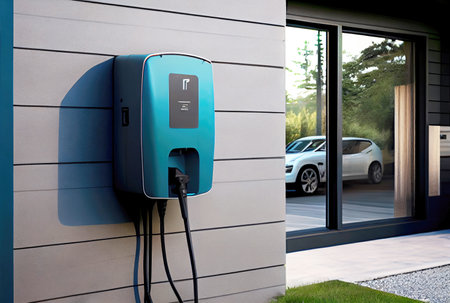 EV car with Electric charging station charger on build in wall at house. Technology and transportation concept. Generative AIの素材