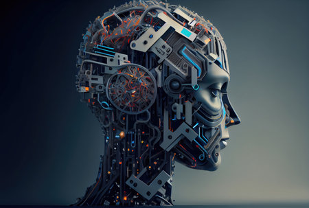 Mechanical system of brain in the robot humanoid is powered by artificial intelligence processing system. Business and medical health concept. Generative AIの素材