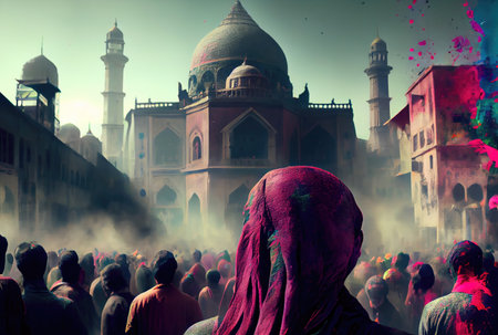 Holi festival the festival of colors with crowd people and colorful powder in the Indian town. Generative AIの素材