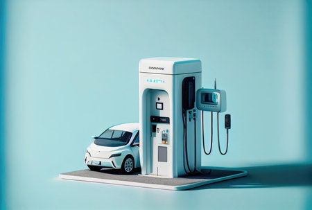 EV car with Electric charging station charger on build in wall at house. Technology and transportation concept. Generative AIの素材