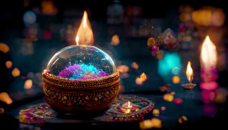 Diwali festival with colorful candles light and bokeh background. Generative AIの素材