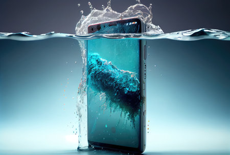 Smartphone fell into the water and was sinking deep background. Telecommunication and technology concept. Digital art illustration. Generative AIの素材