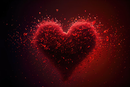 Red heart with dust particle disintegration effect on red background. Generative AIの素材