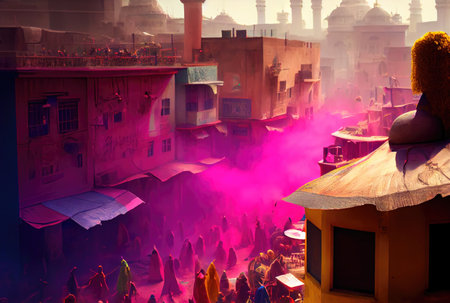 Holi festival the festival of colors with crowd people and colorful powder in the Indian town. Generative AIの素材