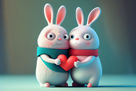 Rabbit couple with heart shape symbol background. Valentines day concept. Generative AIの素材