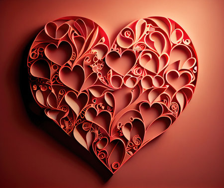 Papercut red hearts origami background. Love story and Valentines day wallpaper concept. Generative AIの素材