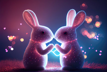 Rabbit couple with heart shape light background. Valentines day concept. Generative AIの素材