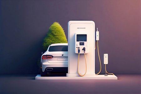 EV car with Electric charging station charger on build in wall at house. Technology and transportation concept. Generative AIの素材