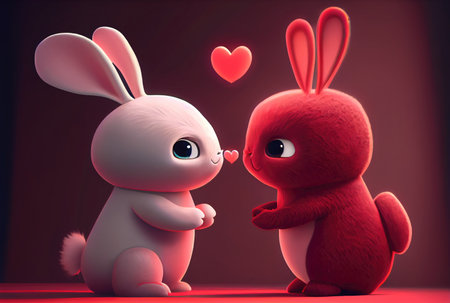 Rabbit couple with heart shape symbol background. Valentines day concept. Generative AIの素材