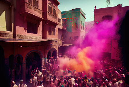 Holi festival the festival of colors with crowd people and colorful powder in the Indian town. Generative AIの素材