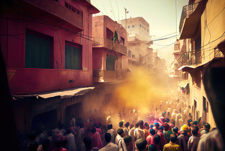 Holi festival the festival of colors with crowd people and colorful powder in the Indian town. Generative AIの素材