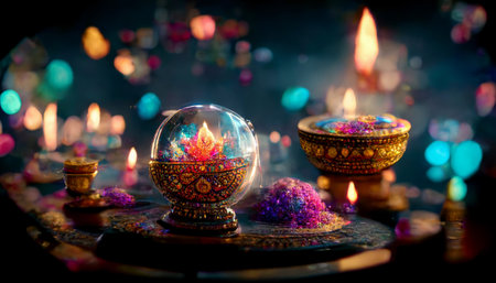 Diwali festival with colorful candles light and bokeh background. Generative AIの素材