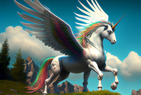White unicorn with rainbow wings on the top of mountain background. Generative AIの素材