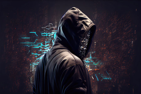 Hacker in the black hood in the server room. Unrecognizable people. Technology and Cybersecurity and Criminal concept. Generative AIの素材