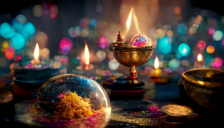 Diwali festival with colorful candles light and bokeh background. Generative AIの素材