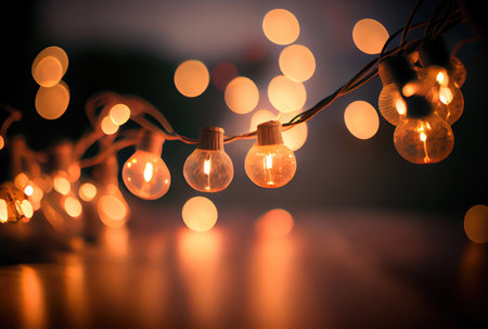 Hanging light bulbs in the shop or event with bokeh background. Generative AIの素材