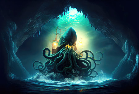 Kraken the giant octopus under the deep sea attacking and sinking the ship. Mythical creatures concept. Generative AIの素材