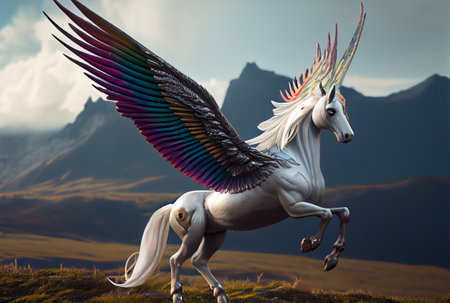 White unicorn with rainbow wings on the top of mountain background. Generative AIの素材