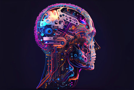 Mechanical system of brain in the robot humanoid is powered by artificial intelligence processing system. Business and medical health concept. Generative AIの素材