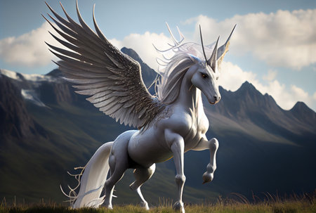 White unicorn with wings on the top of mountain background. Generative AIの素材