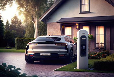 EV car with Electric charging station charger on build in wall at house. Technology and transportation concept. Generative AIの素材