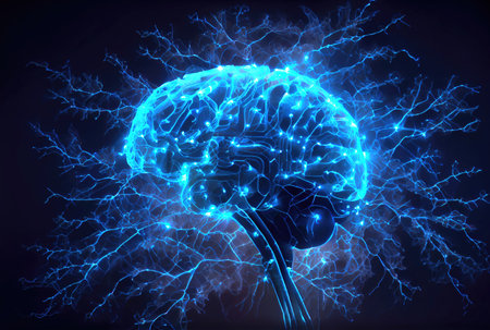 Nervous system in the human brain is powered by artificial intelligence. Business and medical health concept. Generative AIの素材