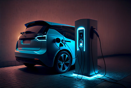 EV car with Electric charging station charger and blue glowing light stripe. Technology and transportation concept. Generative AIの素材