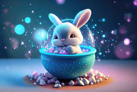 Cute rabbit bunny in the container. Magical fantasy concept. Generative AIの素材