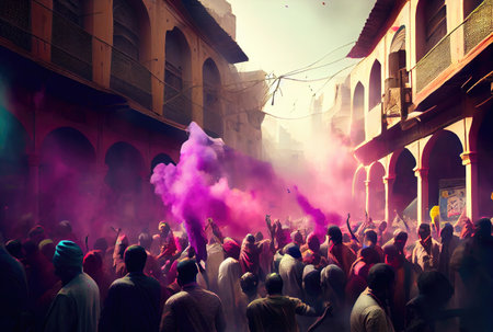 Holi festival the festival of colors with crowd people and colorful powder in the Indian town. Generative AIの素材