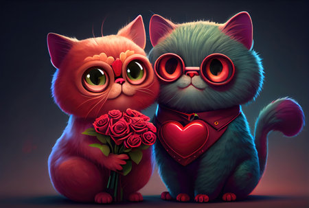 Cute cat couple with red heart for Valentines day. Love and lover concept. Generative AIの素材