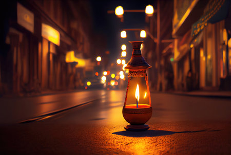 Diya lamp with bokeh light at the downtown street in Diwali festival. Generative AIの素材