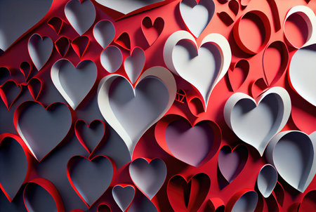 Papercut red and white hearts origami background. Love story and Valentines day wallpaper concept. Generative AIの素材