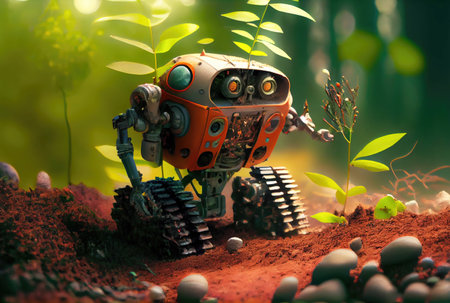 Robot forester living in the forest and planting the trees. Environment conservation and technology concept. Generative AIの素材