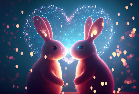 Rabbit couple with heart shape light background. Valentines day concept. Generative AIの素材