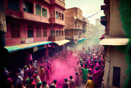 Holi festival the festival of colors with crowd people and colorful powder in the Indian town. Generative AIの素材