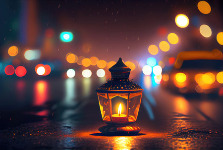 Diya lamp with bokeh light at the downtown street in Diwali festival. Generative AIの素材