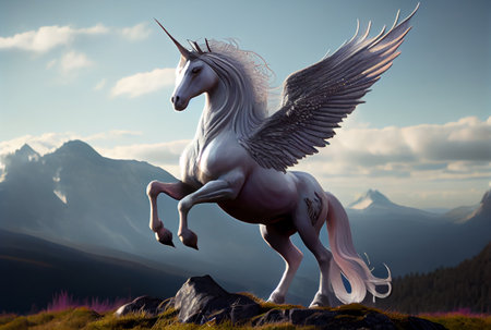 White unicorn with wings on the top of mountain background. Generative AIの素材