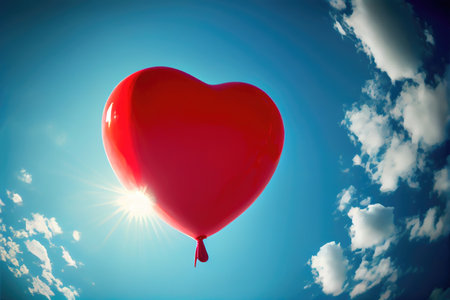Red balloon in heart shape flying on the air with blue sky background. Valentines day concept. Generative AIの素材
