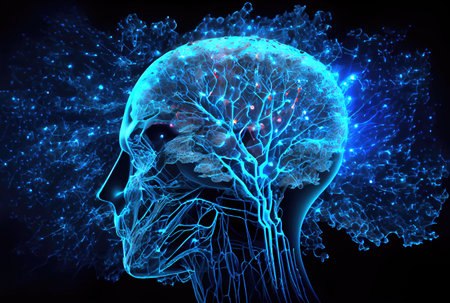 Nervous system in the human brain is powered by artificial intelligence. Business and medical health concept. Generative AIの素材