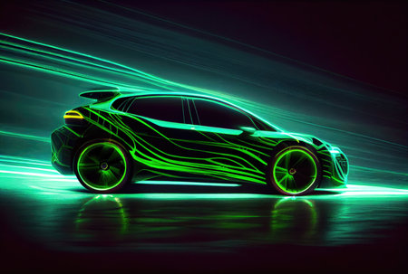 Modern car with green light trail as speed and energy power on black dark background. Transportation and innovation concept. Generative AIの素材