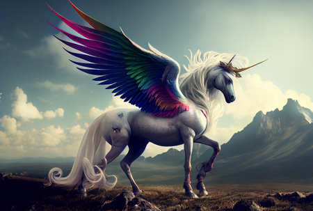 White unicorn with rainbow wings on the top of mountain background. Generative AIの素材