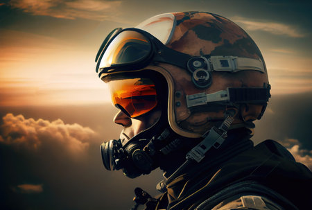 Head shot of fighter pilot flying on the high sky in the airspace for national defense or world war. Portrait of soldier. Generative AIの素材