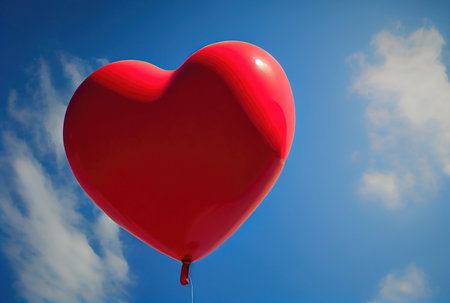 Red balloon in heart shape flying on the air with blue sky background. Valentines day concept. Generative AIの素材