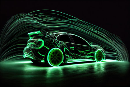 Modern car with green light trail as speed and energy power on black dark background. Transportation and innovation concept. Generative AIの素材