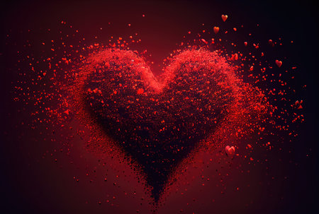 Red heart with dust particle disintegration effect on red background. Generative AIの素材